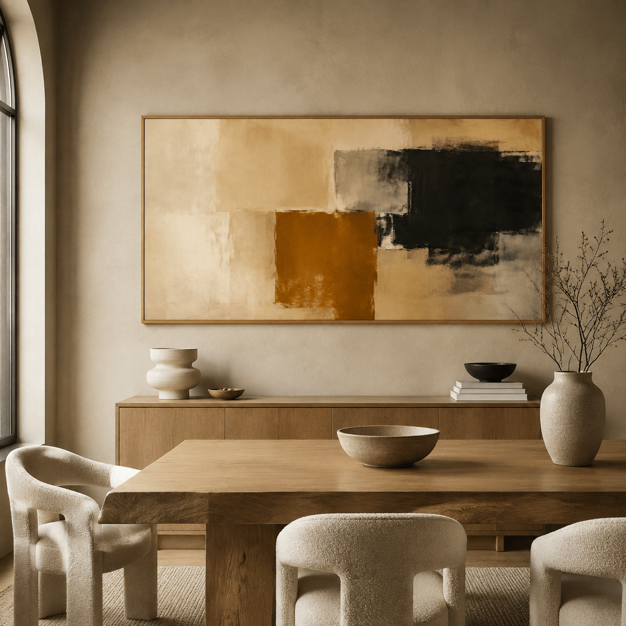 Modern abstract painting hanging above a wooden sideboard in a warm neutral dining room – Amber Divide by Rossetti Art