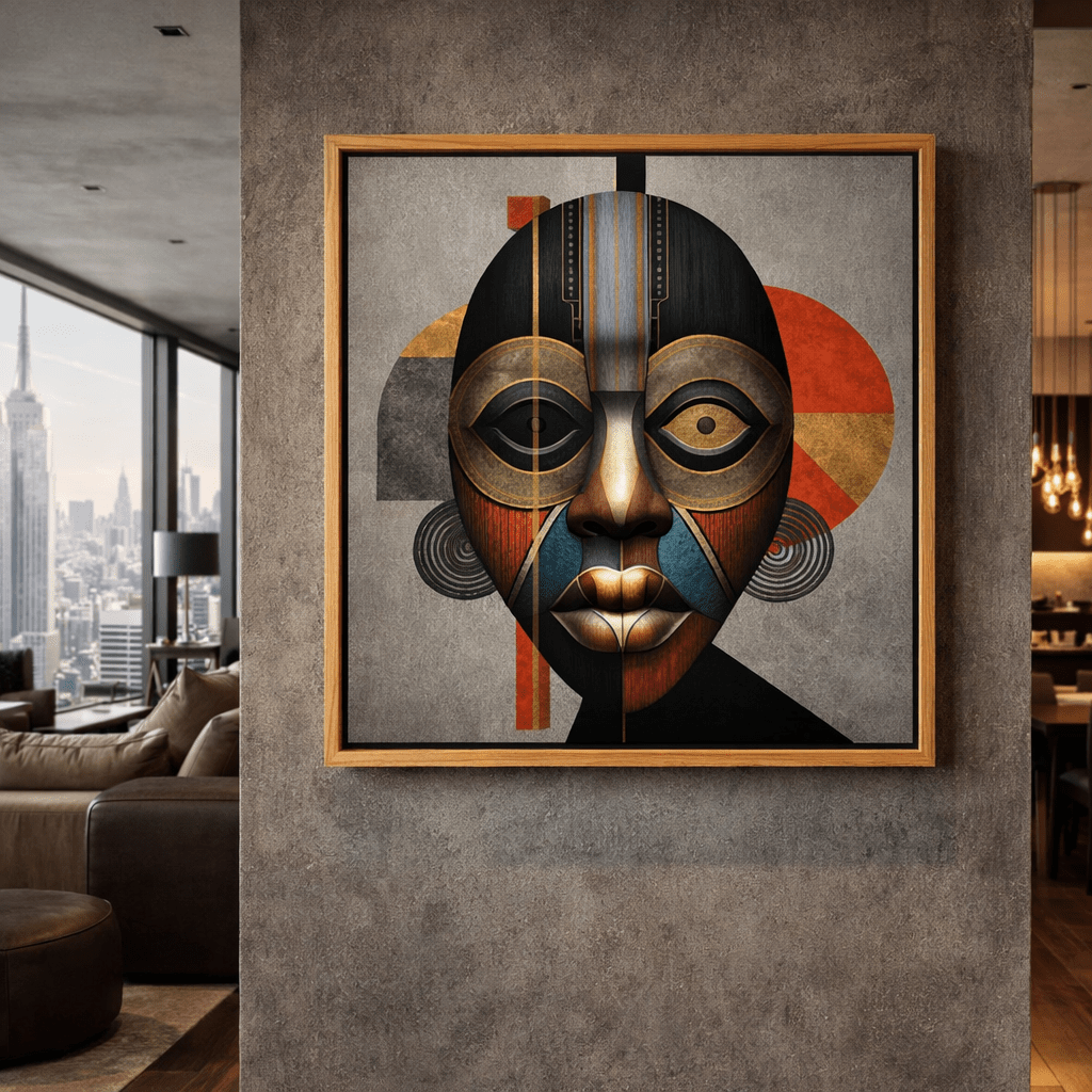 Modern African Mask Canvas Print – Black & Gold Geometric Portrait Wall Art in Red, Luxury Framed Decor | Rossetti Art modern abstract canvas wall art by Rossetti Art – luxury interior design artwork for living room, bedroom, office – canvas print art Chiara Rossetti figurative