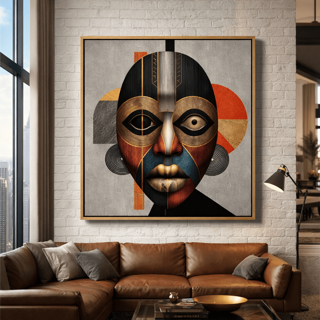 Modern African Mask Canvas Print – Black & Gold Geometric Portrait Wall Art in Red, Luxury Framed Decor | Rossetti Art modern abstract canvas wall art by Rossetti Art – luxury interior design artwork for living room, bedroom, office – canvas print art Chiara Rossetti figurative