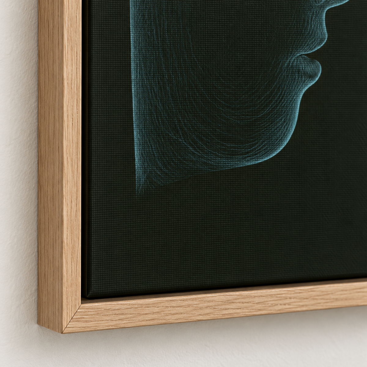 Modern Face Art Canvas Print – Mirror Profiles frame corner with teal linework by Rossetti Art