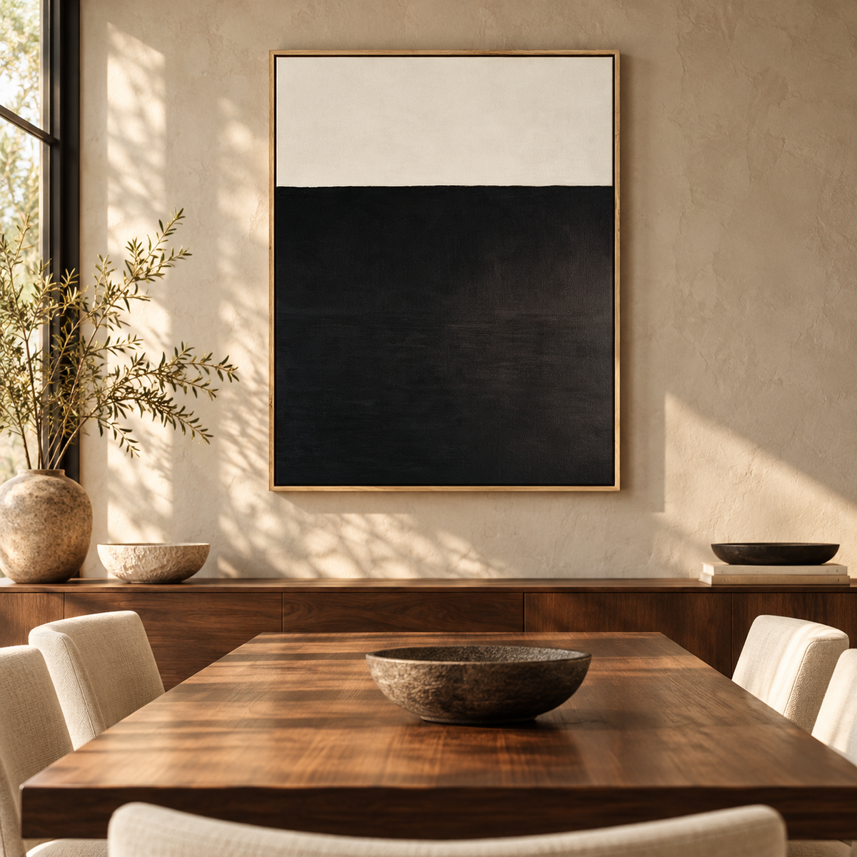 Monochrome Wall Art – Dark Horizon Canvas Print by Rossetti Art above a dining table in a warm dining room