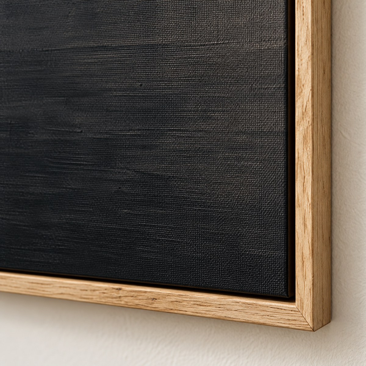 Monochrome Wall Art – Dark Horizon Canvas Print by Rossetti Art, close-up of the textured black canvas and frame corner