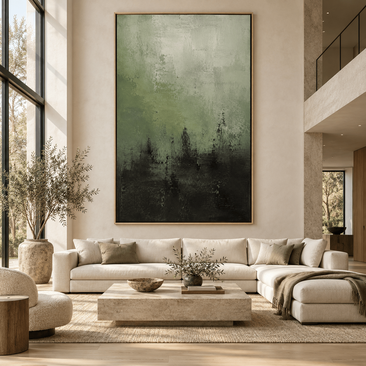 Moody abstract art canvas hanging above a sectional sofa in a living room – Verdigris Horizon by Rossetti Art