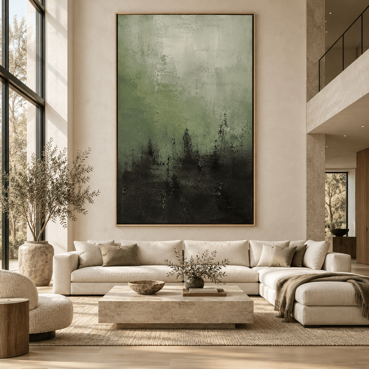Moody abstract art canvas hanging above a sectional sofa in a living room – Verdigris Horizon by Rossetti Art