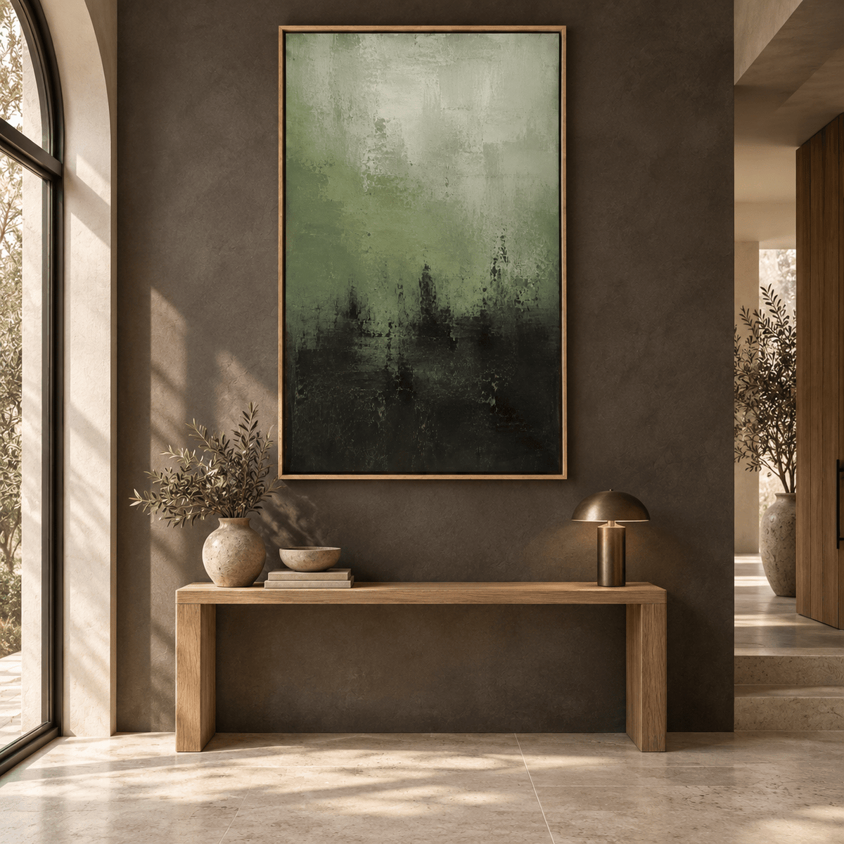 Moody abstract cityscape canvas hanging above a console table in an entryway – Verdigris Horizon by Rossetti Art
