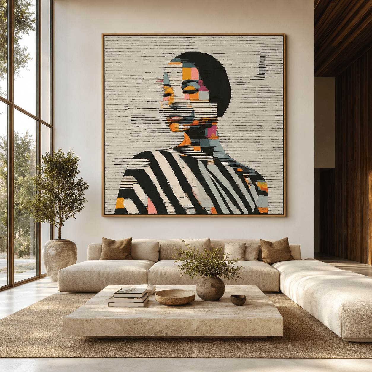 Oversized mosaic portrait canvas print in an oak floater frame displayed in a modern living room