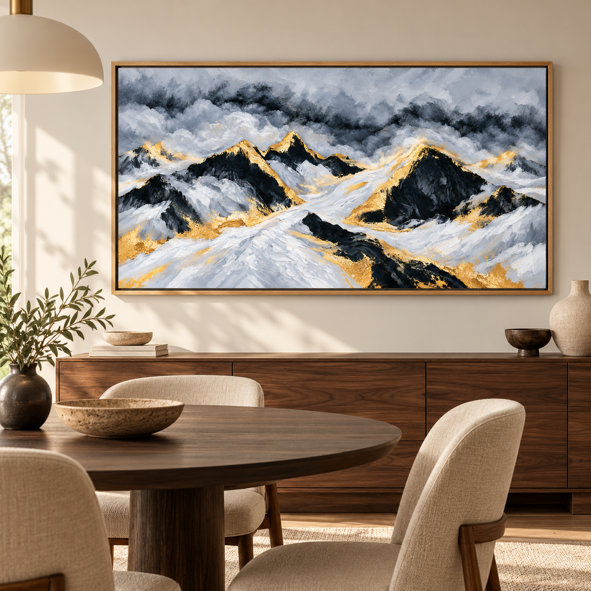 Mountain Canvas Wall Art – Gilded Peaks by Rossetti Art – framed mountain canvas above a walnut sideboard in a dining room