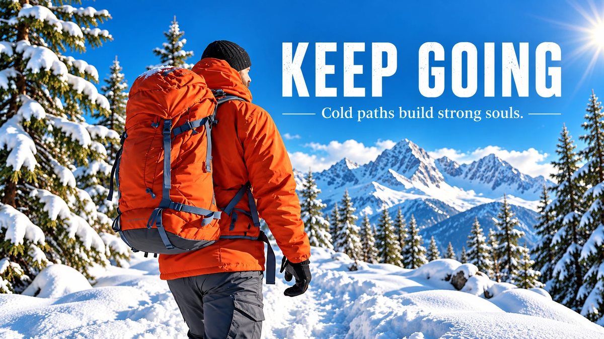 Mountain wall art – Keep Going hiker in an orange jacket on a snowy alpine trail with the quote Cold paths build strong souls, flat artwork by Rossetti Art