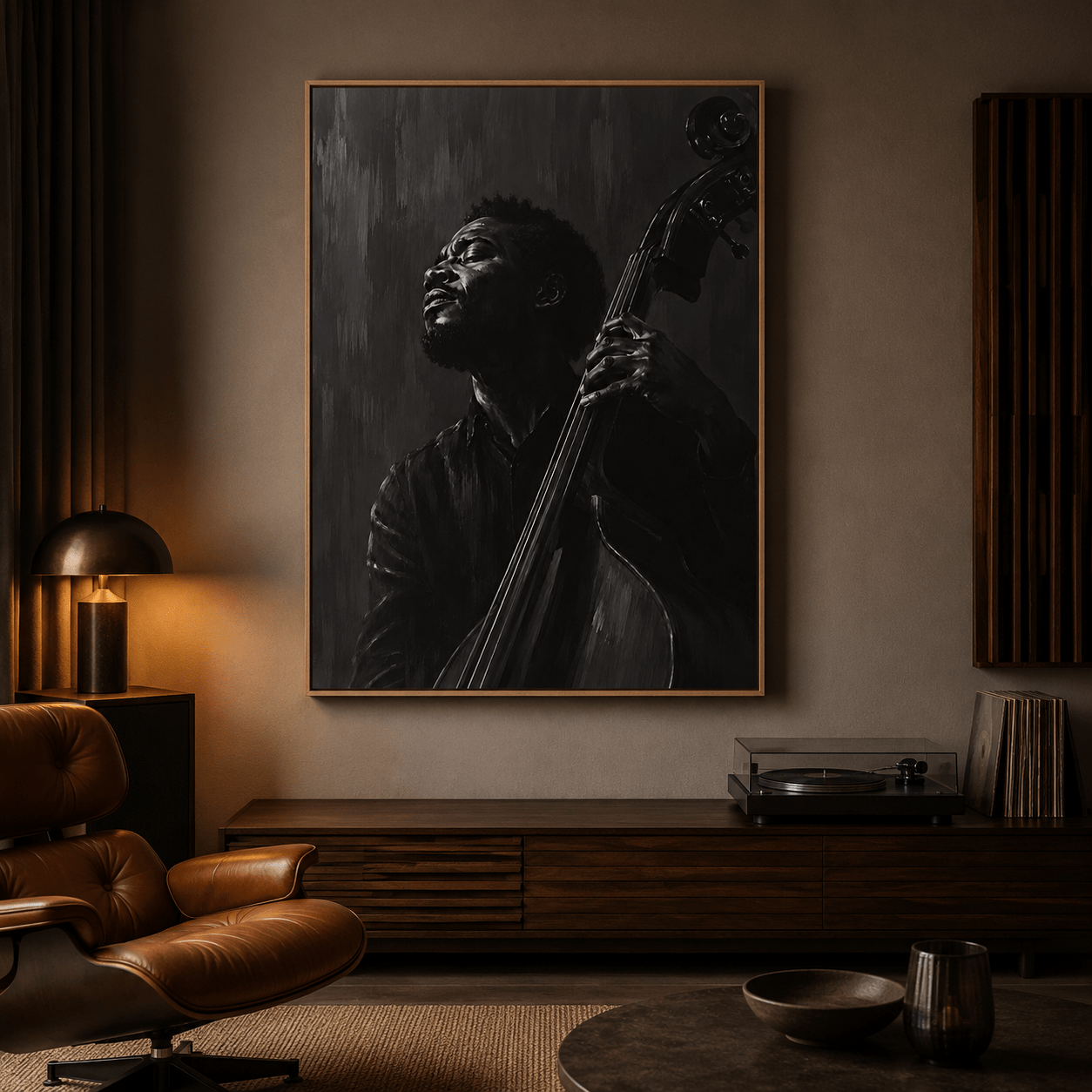 Quiet Groove black and white musician painting in an oak floater frame on a plain wall – Rossetti Art