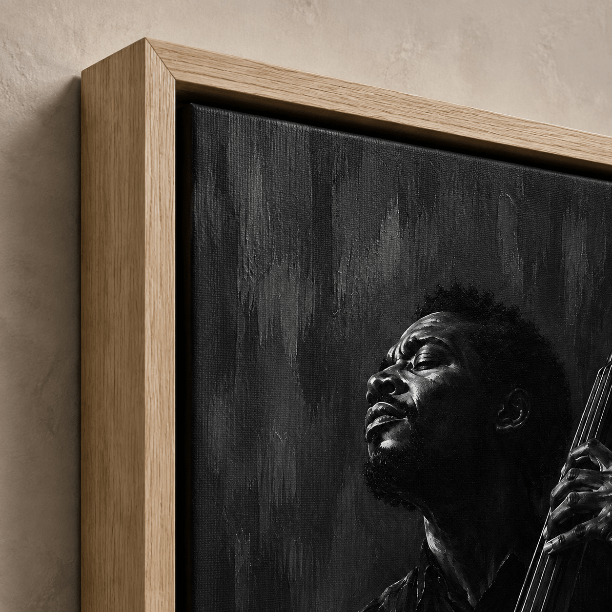 Quiet Groove musician painting hanging in a moody home office with a record player – Rossetti Art