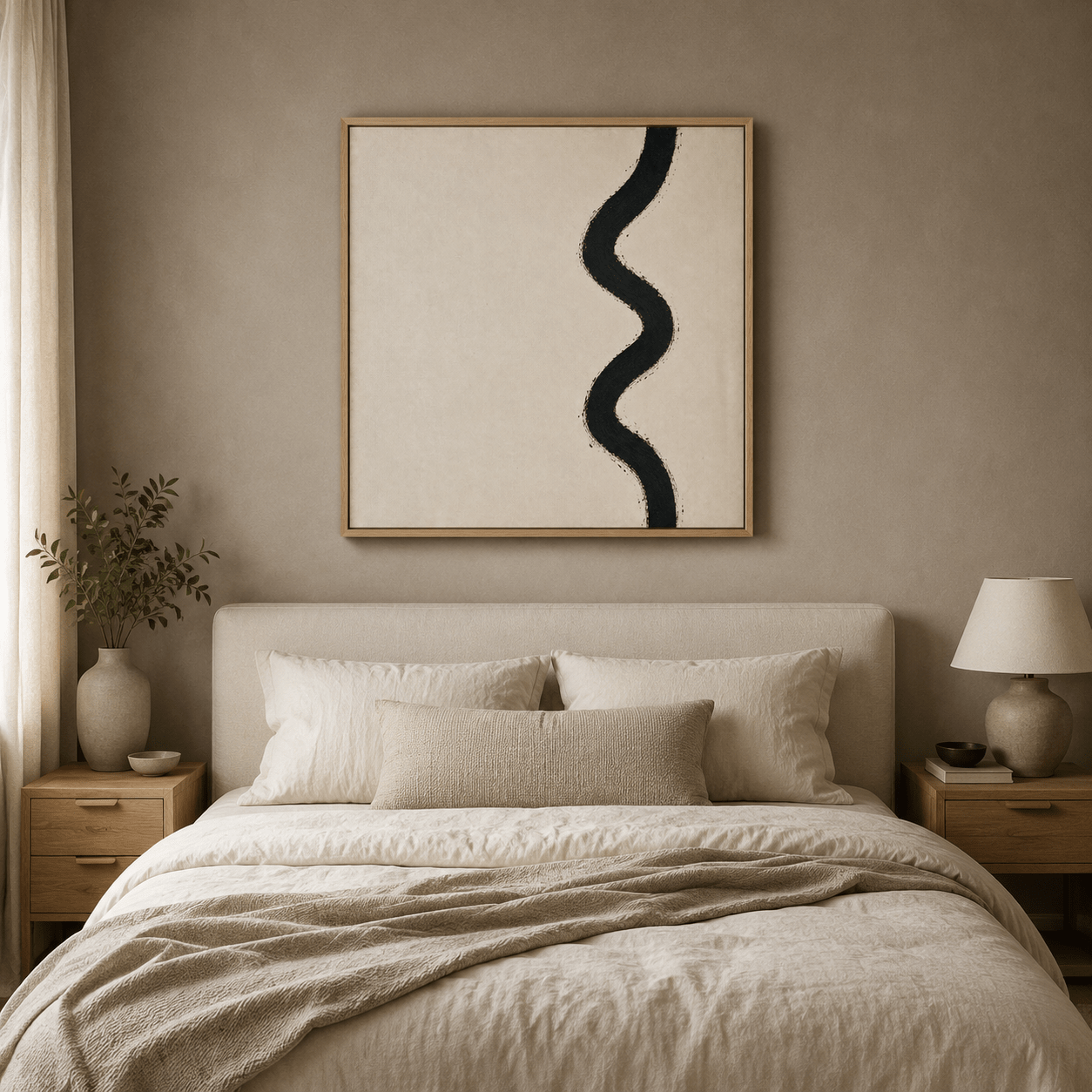 Neutral abstract wall art canvas print hanging above the bed in a neutral, beige-toned bedroom