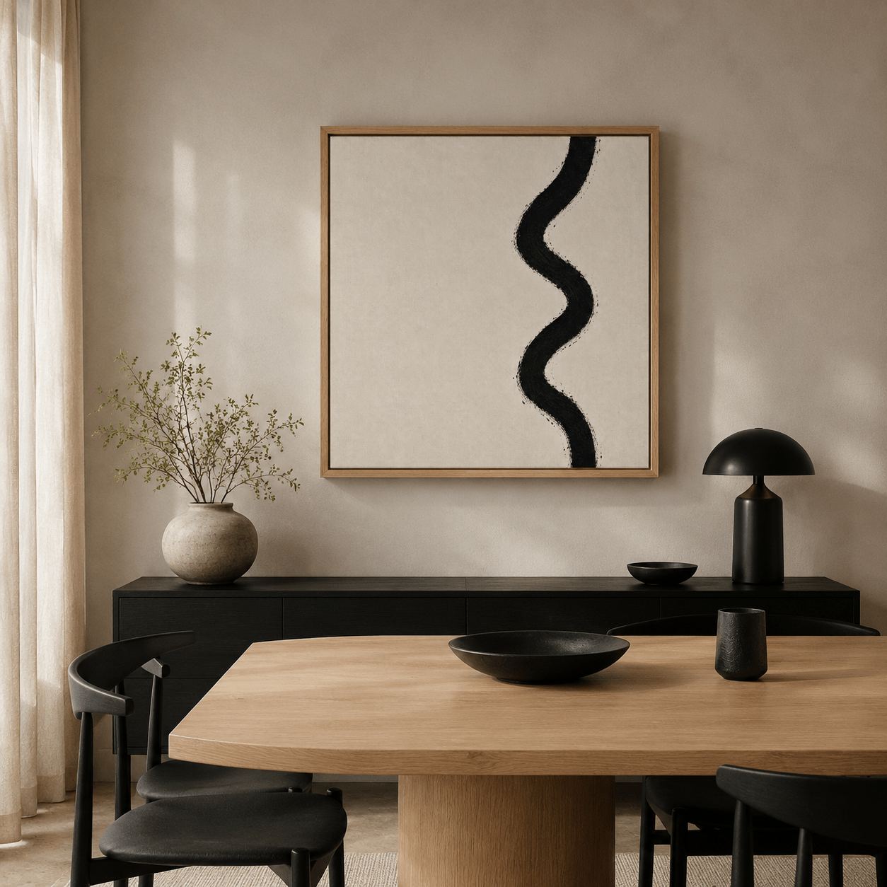 Neutral abstract wall art canvas print in an oak floater frame – Quiet Current by Rossetti Art