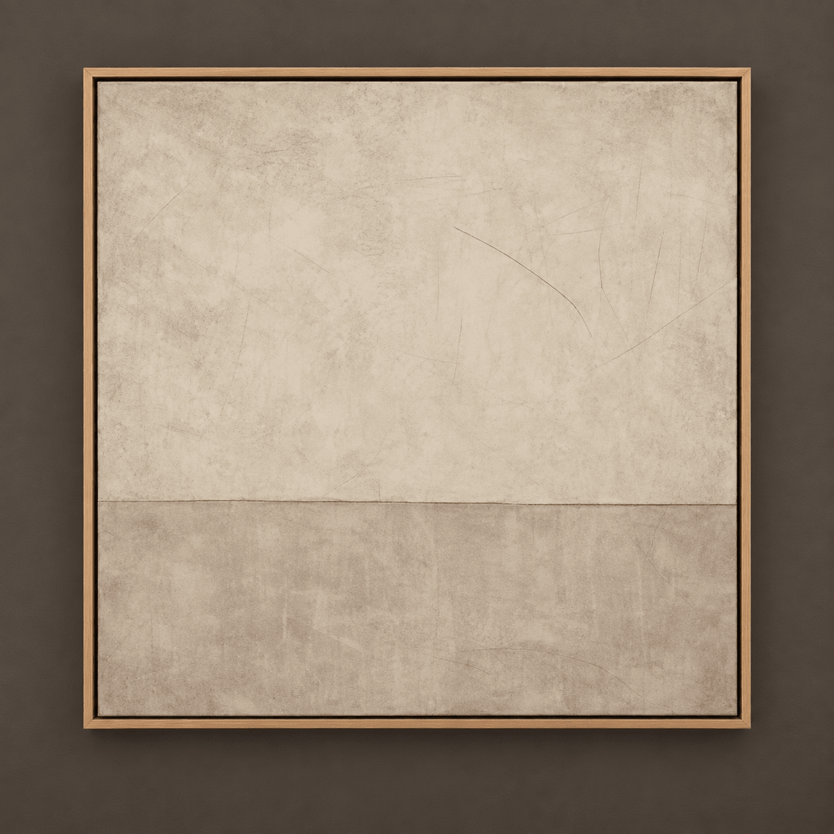 Front view of Quiet Divide beige minimalist abstract canvas print with oak floater frame