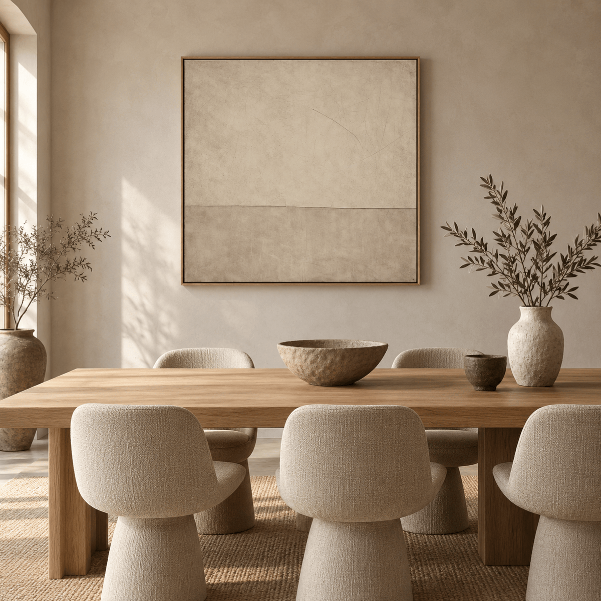 Oversized neutral minimalist abstract canvas print in an oak floater frame in a contemporary living room — Quiet Divide by Rossetti Art