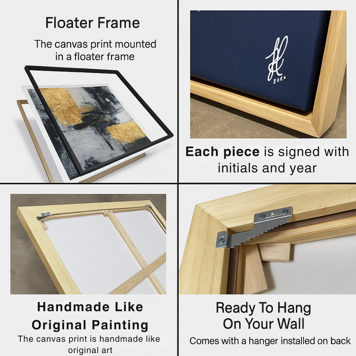 Floater frame with canvas print, signed with initials and year, and ready to hang on wall.