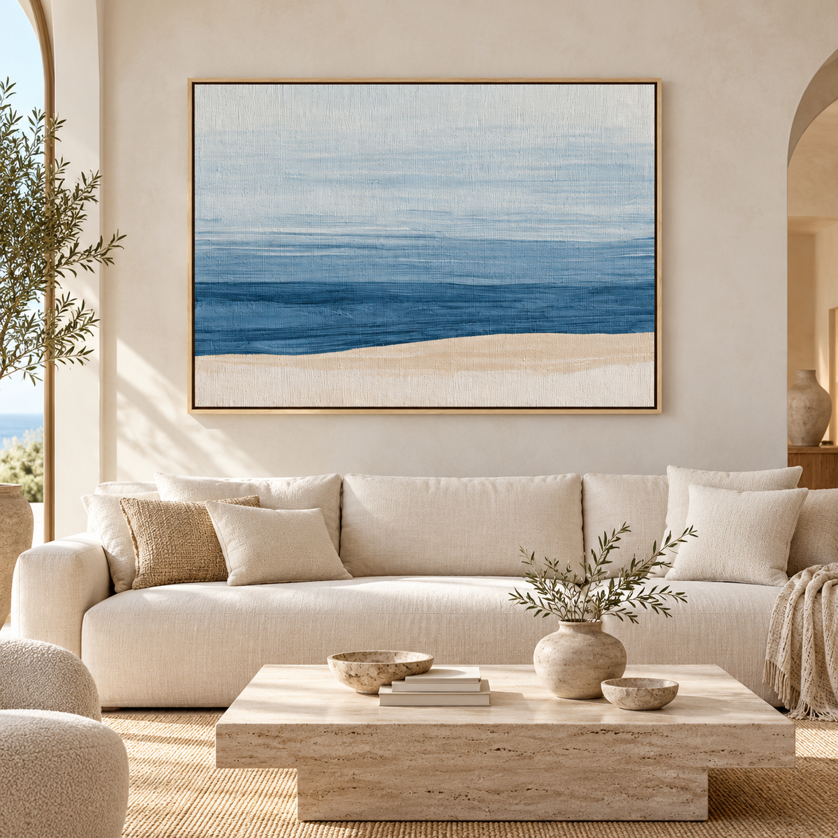 Ocean abstract painting canvas print Shoreline Hush above a cream sofa in a living room – Rossetti Art