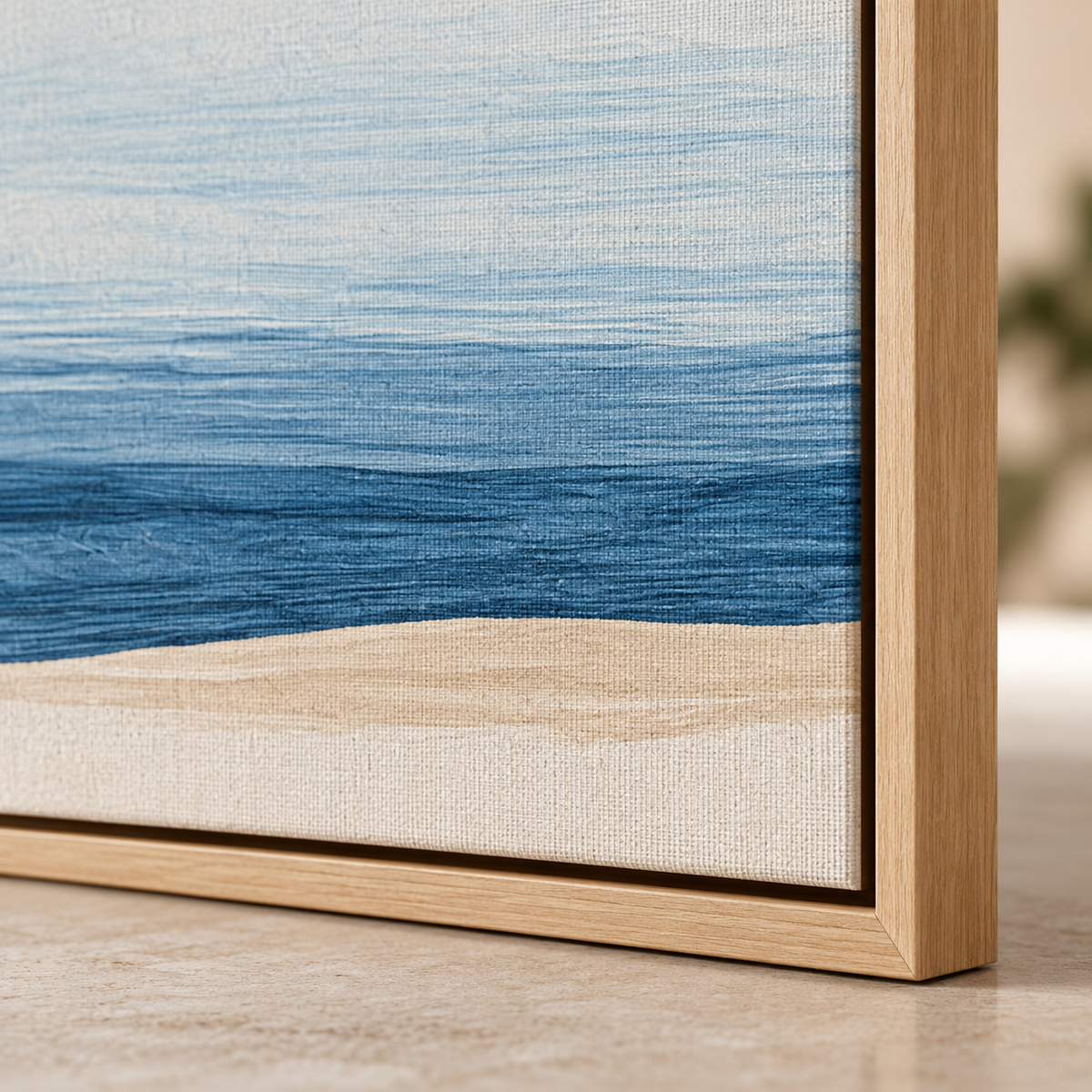 Corner detail of the Shoreline Hush ocean abstract canvas print showing the linen weave – Rossetti Art