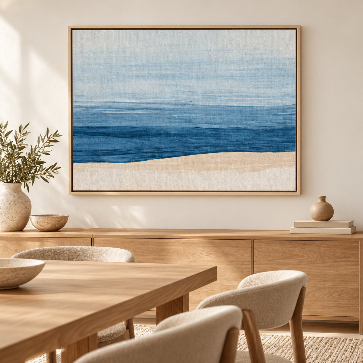 Ocean abstract painting canvas print Shoreline Hush above a sideboard in a dining room – Rossetti Art