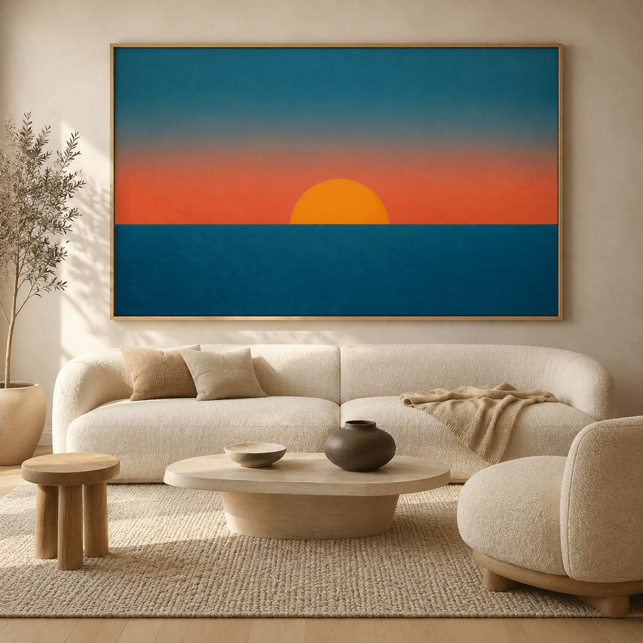 Minimalist sunset wall art with teal sky and ocean horizon – Last Light by Rossetti Art
