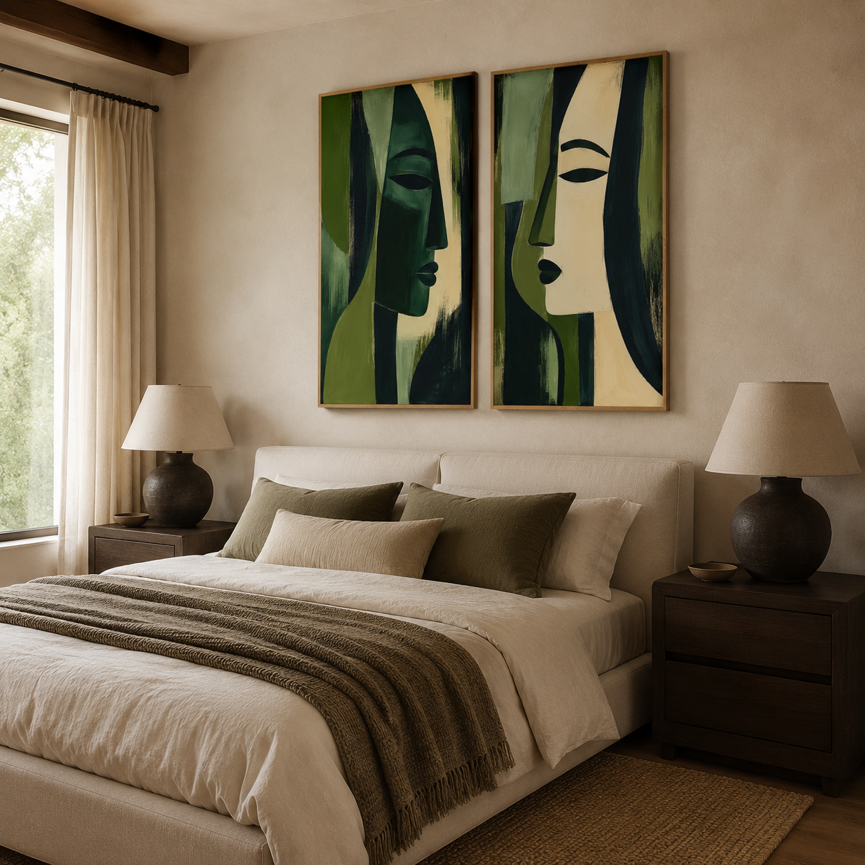Olive green wall art diptych above a bed with olive and cream linens in a warm-toned bedroom – Verdant Reverie by Rossetti Art