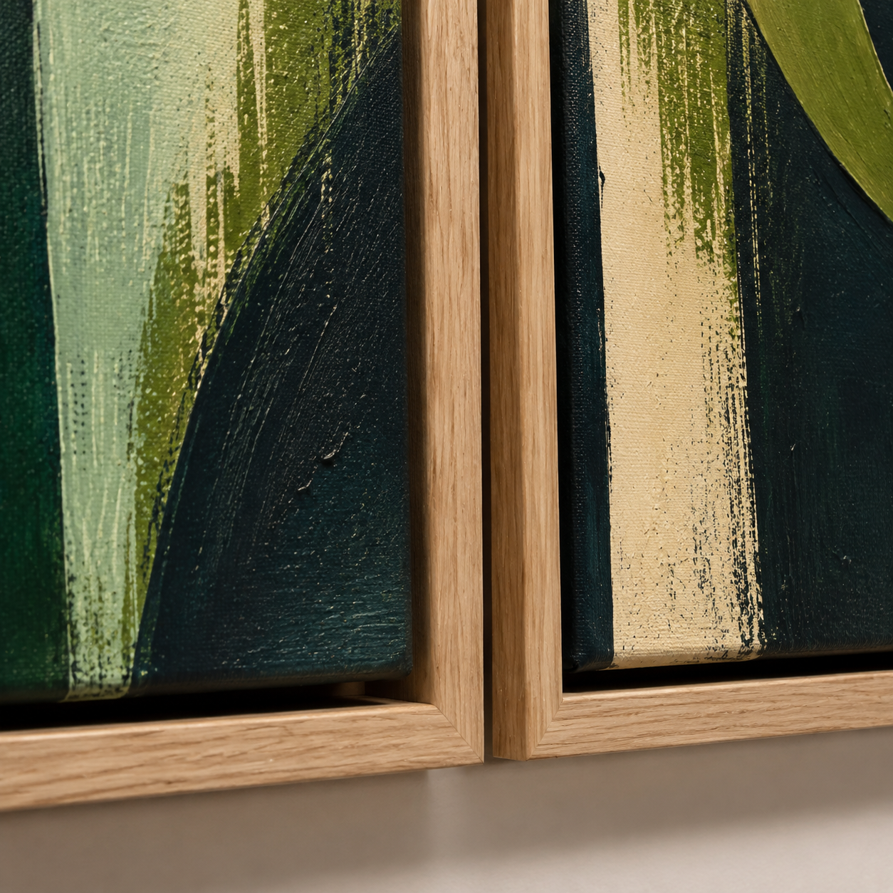 Close-up detail of the hand-painted texture and natural oak frame on the olive green wall art diptych – Verdant Reverie by Rossetti Art