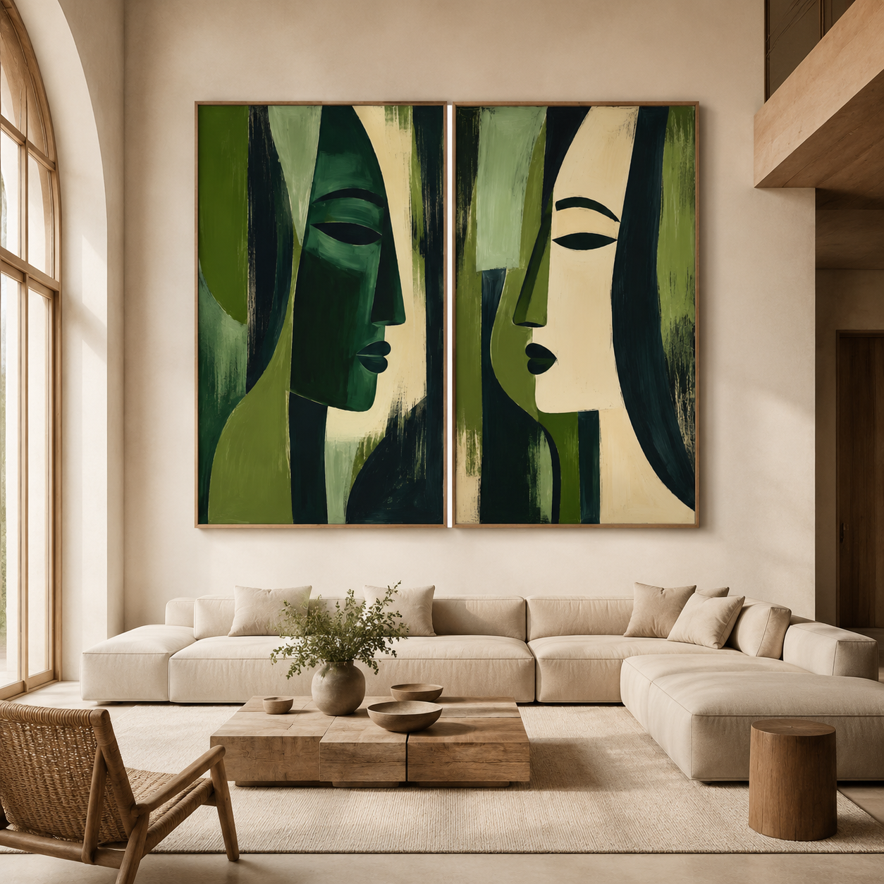 Olive green wall art diptych above a beige sectional sofa in a sunlit living room with arched window – Verdant Reverie by Rossetti Art