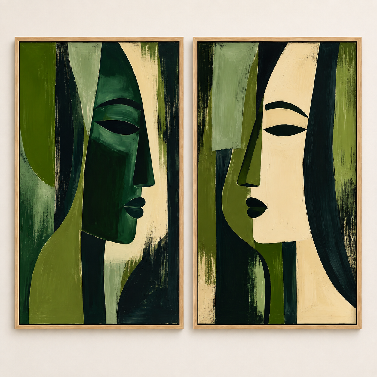 Olive green wall art diptych, mirrored dark green and cream face profiles on a plain white background – Verdant Reverie by Rossetti Art