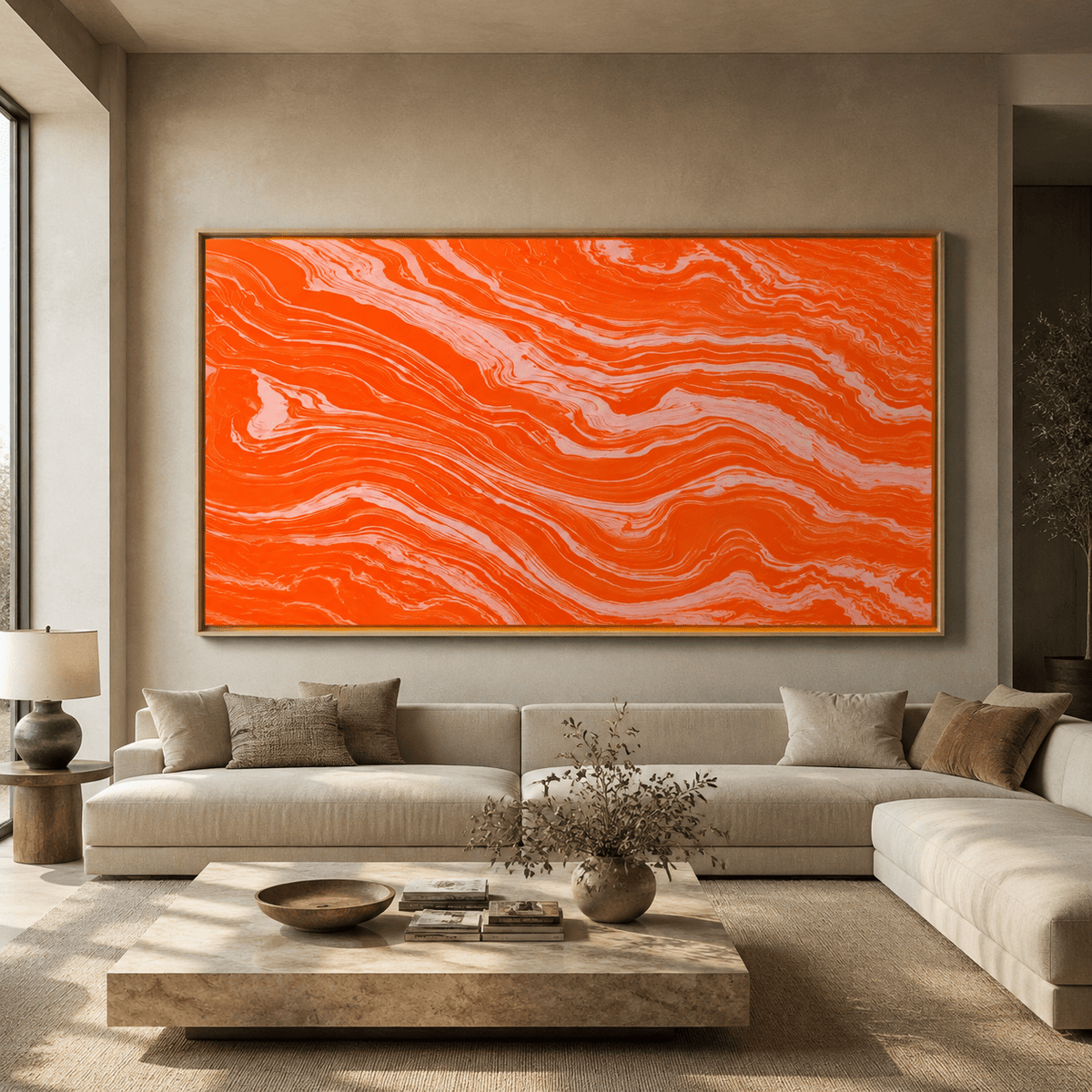 Close-up of the oak hardwood floater frame on Molten Coral orange abstract art – Rossetti Art