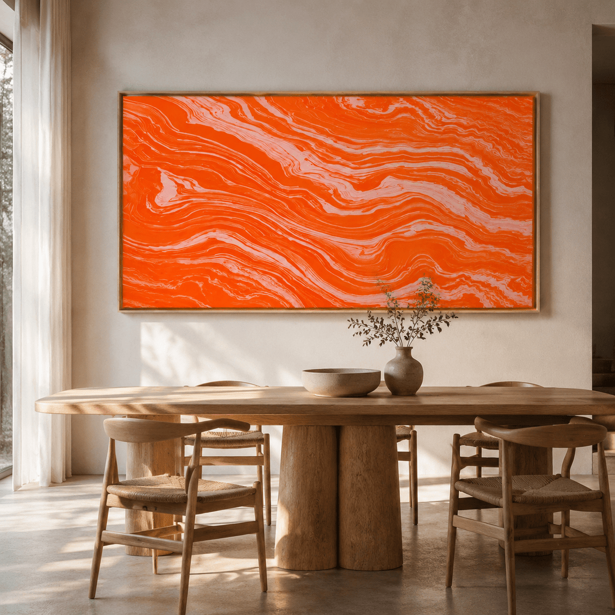 Orange and coral abstract canvas print above a dining table – Molten Coral by Rossetti Art