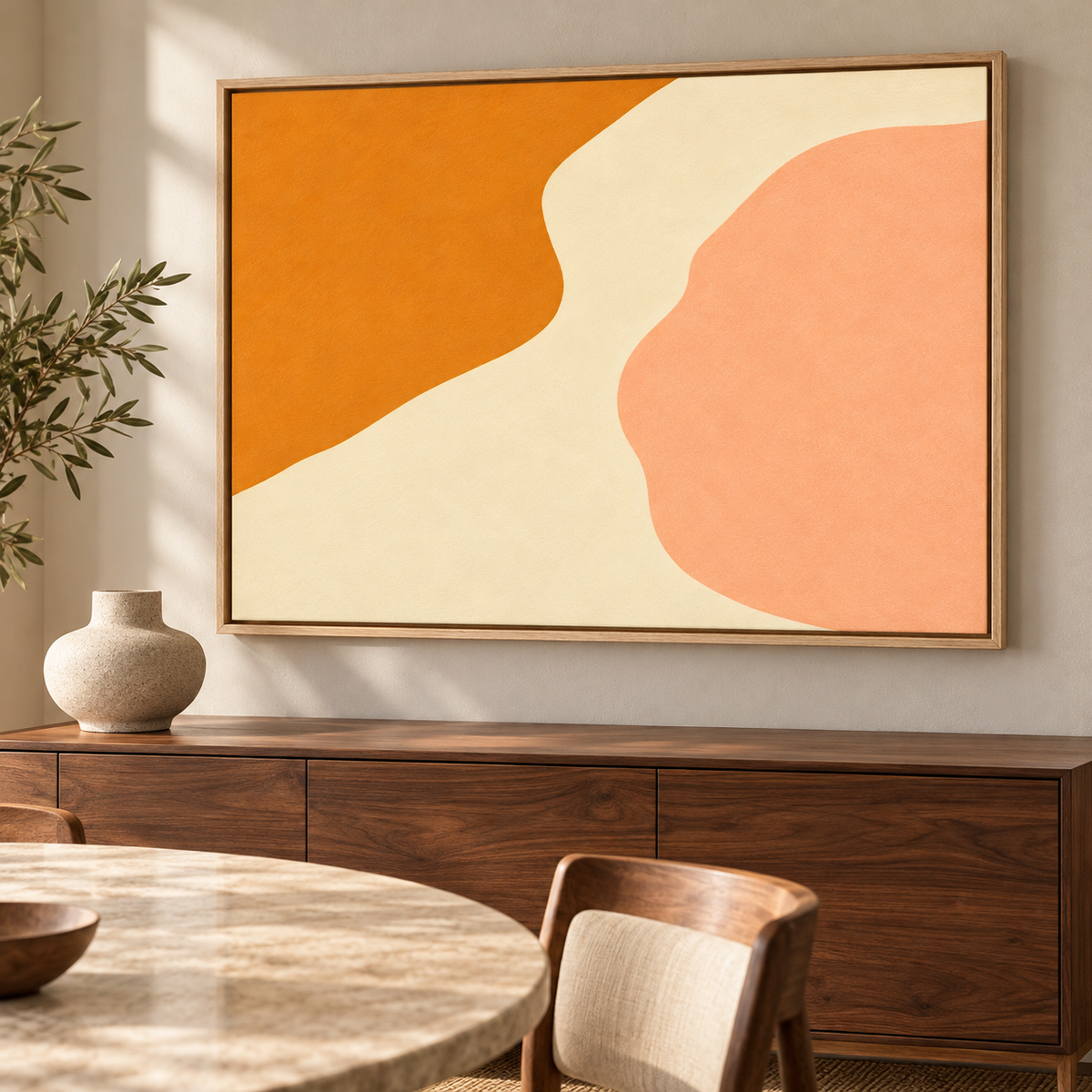 Orange Abstract Wall Art – Warm Current canvas print by Rossetti Art above a wooden sideboard in a sunlit dining room