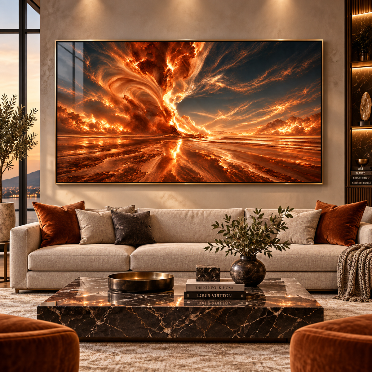 Orange wall art – fiery amber and copper abstract acrylic print of a blazing sky over a mirrored horizon, front view, by Rossetti Art