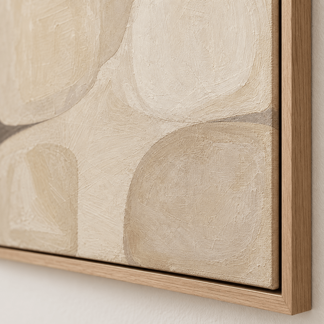 Close-up detail of Organic Modern Wall Art — Soft Quadrants showing textured brushwork and natural wood floater frame