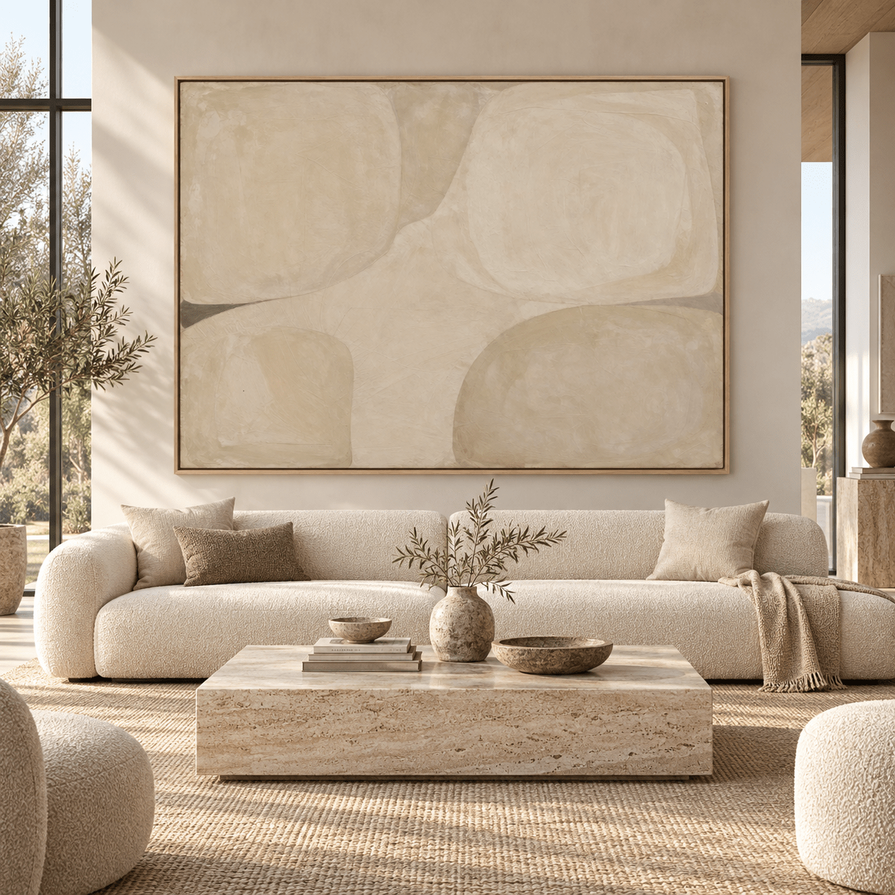 Organic Modern Wall Art — Soft Quadrants canvas print displayed above a beige boucle sofa in a bright living room