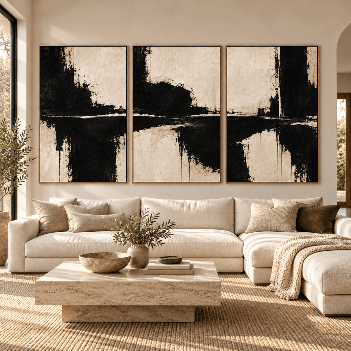 3 Piece Wall Art Black and White Original Painting Set – Ink Reflections by Rossetti Art above a cream sofa in a bright living room