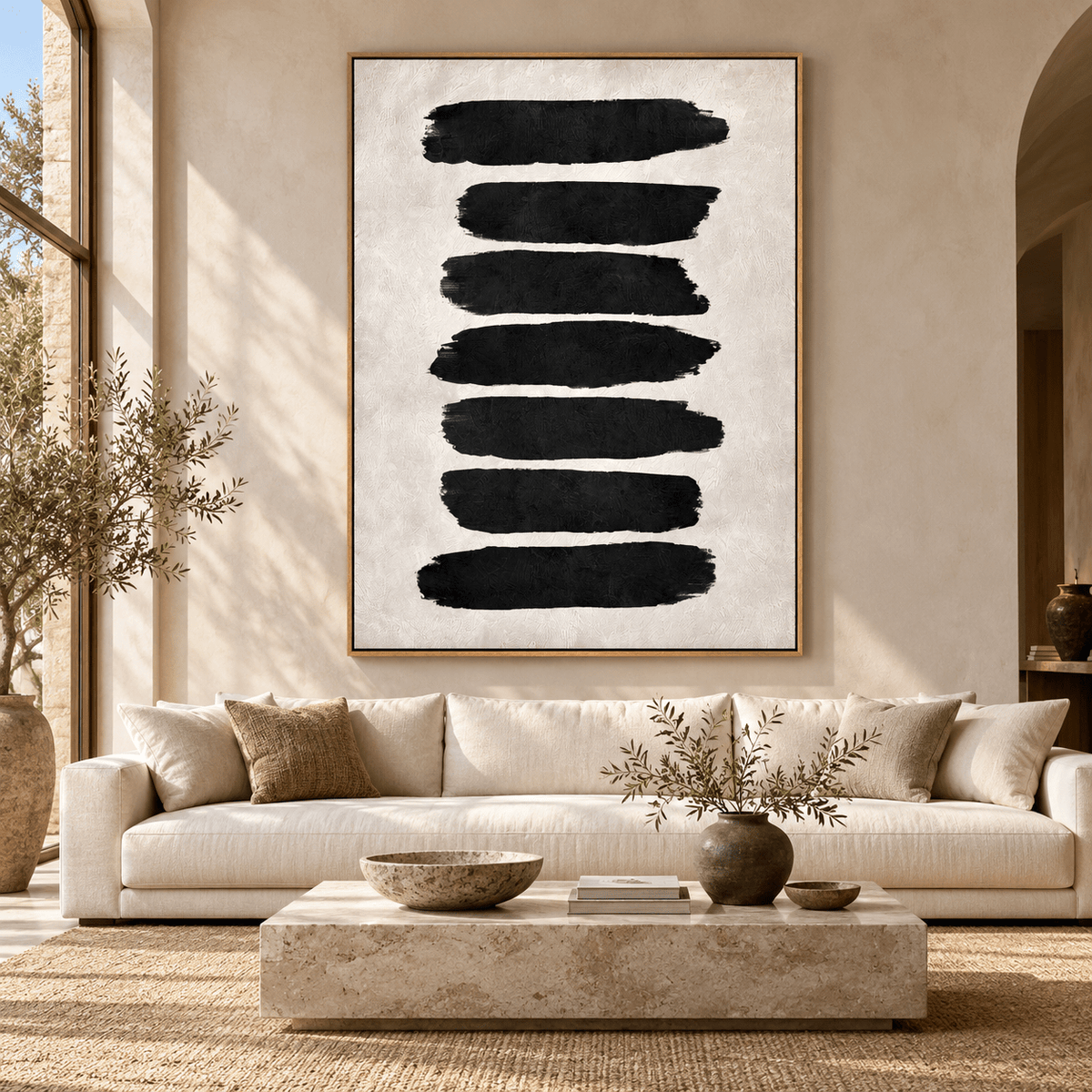 Abstract brush stroke painting original Ebony Stack above a sofa in a warm living room – Rossetti Art