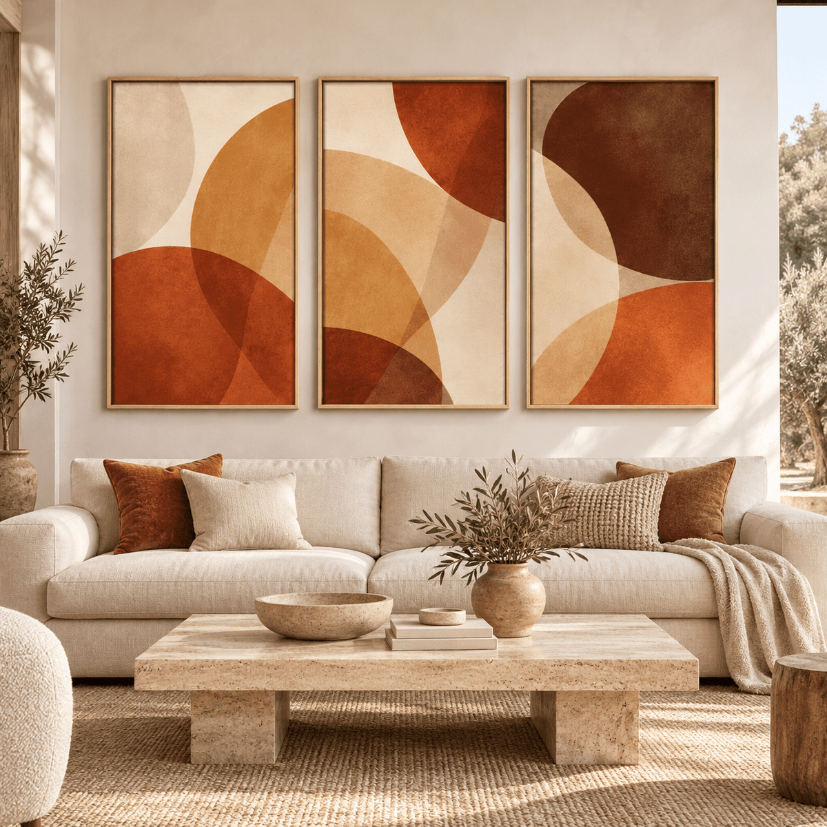 Abstract Circles Painting Original Set of 3 – Amber Orbit by Rossetti Art above a cream sofa in a bright living room