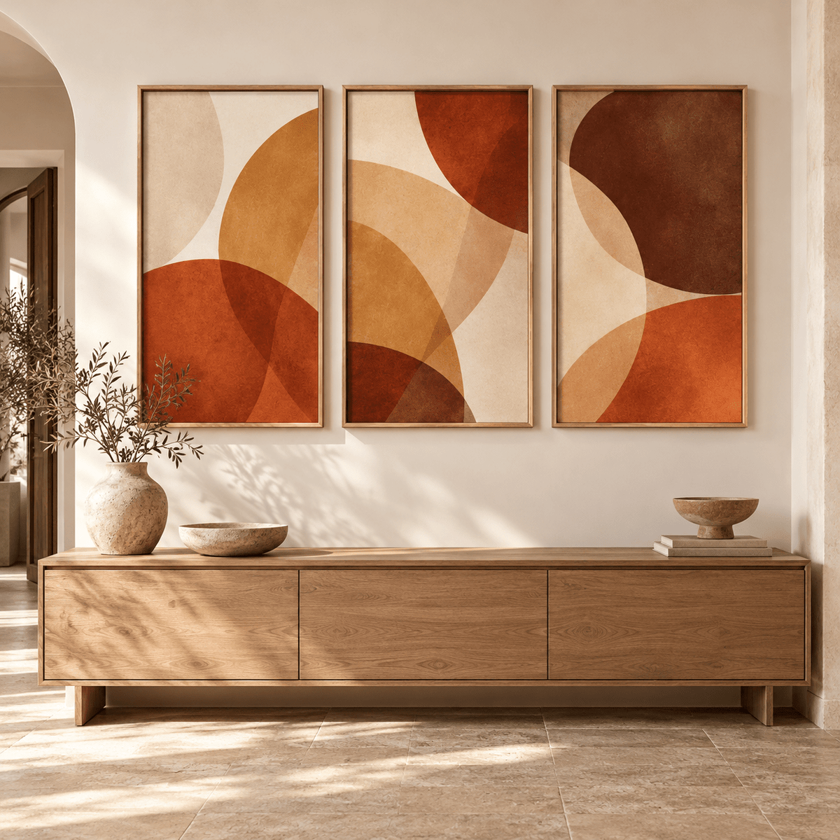 Abstract Circles Painting Original Set of 3 – Amber Orbit by Rossetti Art above a wooden console in an entryway