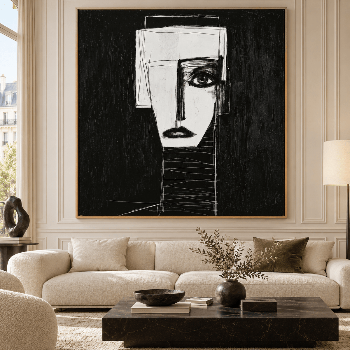 Abstract face painting Ivory Sentinel above a cream sofa in a Parisian living room