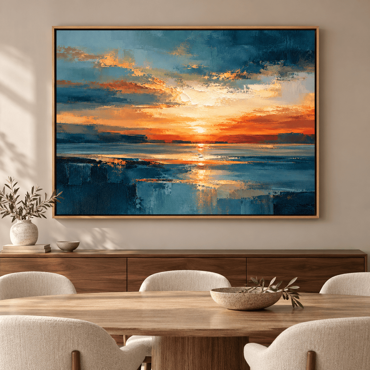 Abstract Sunset Painting Original – Amber Tide in a modern dining room by Rossetti Art