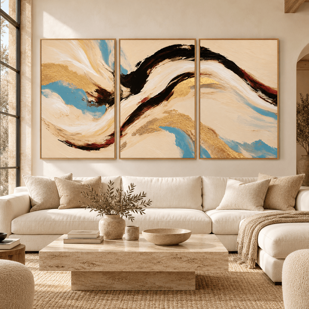 Abstract Wave Painting – Gilded Tide set of 3 by Rossetti Art, framed triptych above an ivory sofa