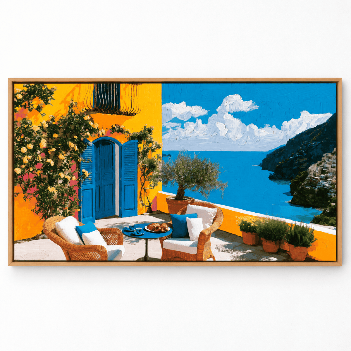 Amalfi Coast Painting Original – Terrace Morning by Rossetti Art, framed Mediterranean coastal retreat scene