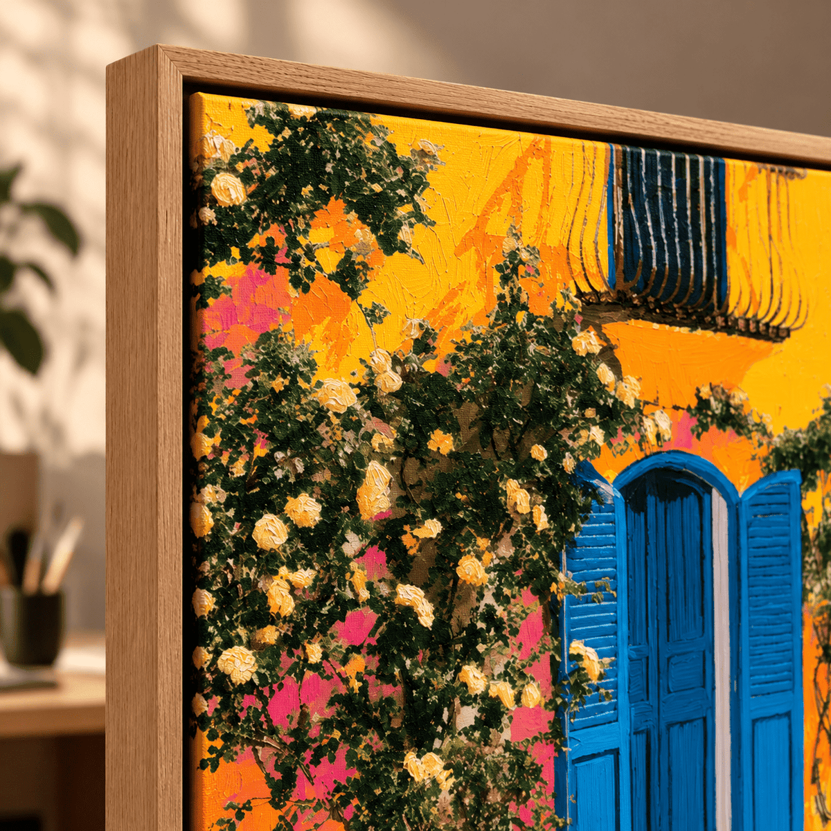 Amalfi Coast Painting Original – Terrace Morning by Rossetti Art, floater-framed painting with a Mediterranean doorway and flowers