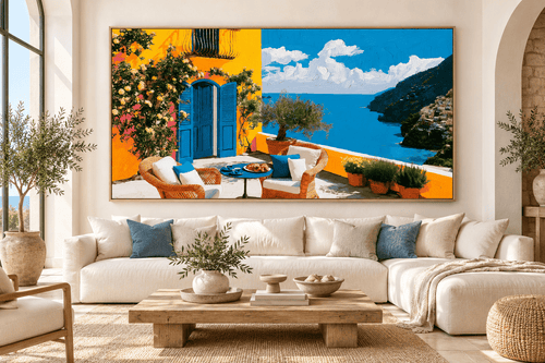 Amalfi Coast Painting Original – Terrace Morning by Rossetti Art, framed horizontal coastal painting above a sofa