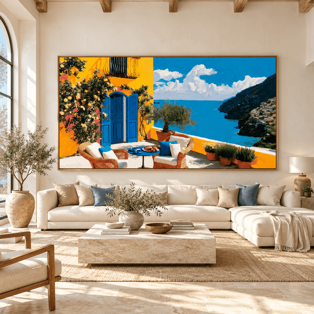 Amalfi Coast Painting Original – Terrace Morning by Rossetti Art, Mediterranean coastal painting above a cream sofa