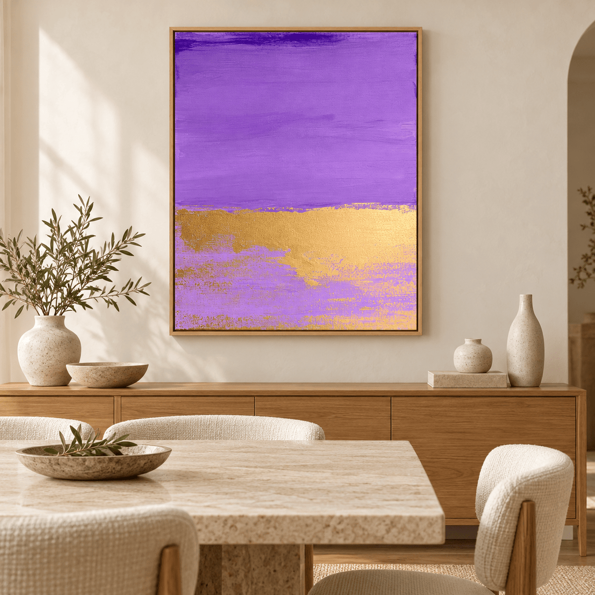 Amethyst and gold painting Gilded Lilac above a sideboard in a dining room – Rossetti Art