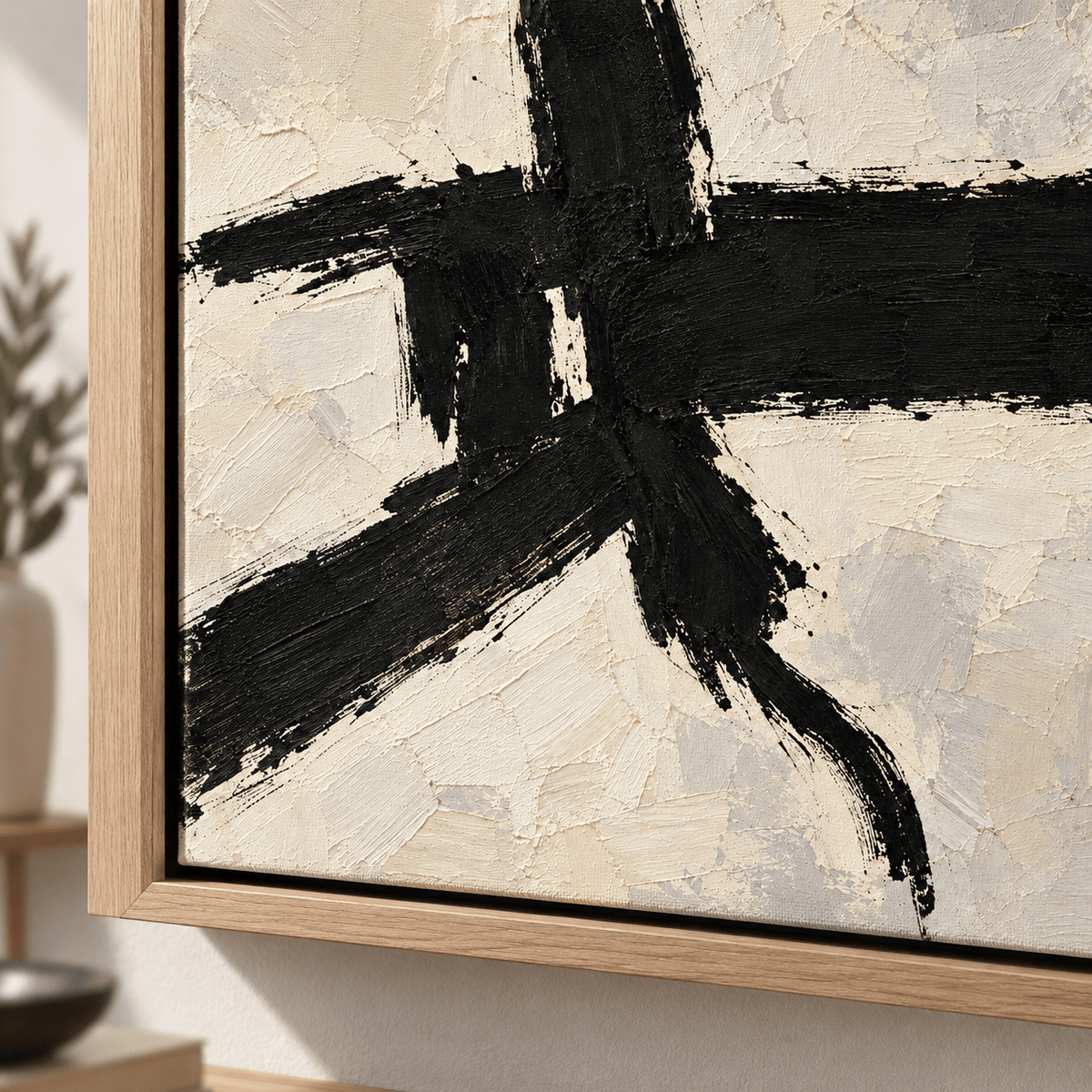 Black Abstract Painting – Crossed Ink by Rossetti Art – close-up of the thick black brushwork and palette-knife texture at the framed corner