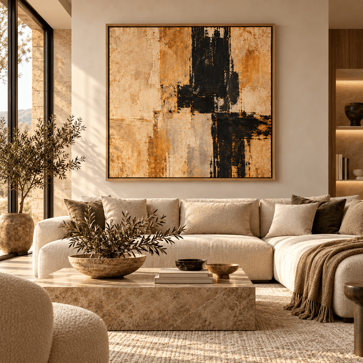 Black and Gold Abstract Painting – Rust & Ash by Rossetti Art