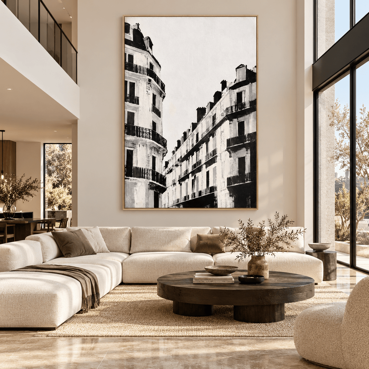 Black and White Paris Wall Art – Rue Noire large original painting in a living room by Rossetti Art