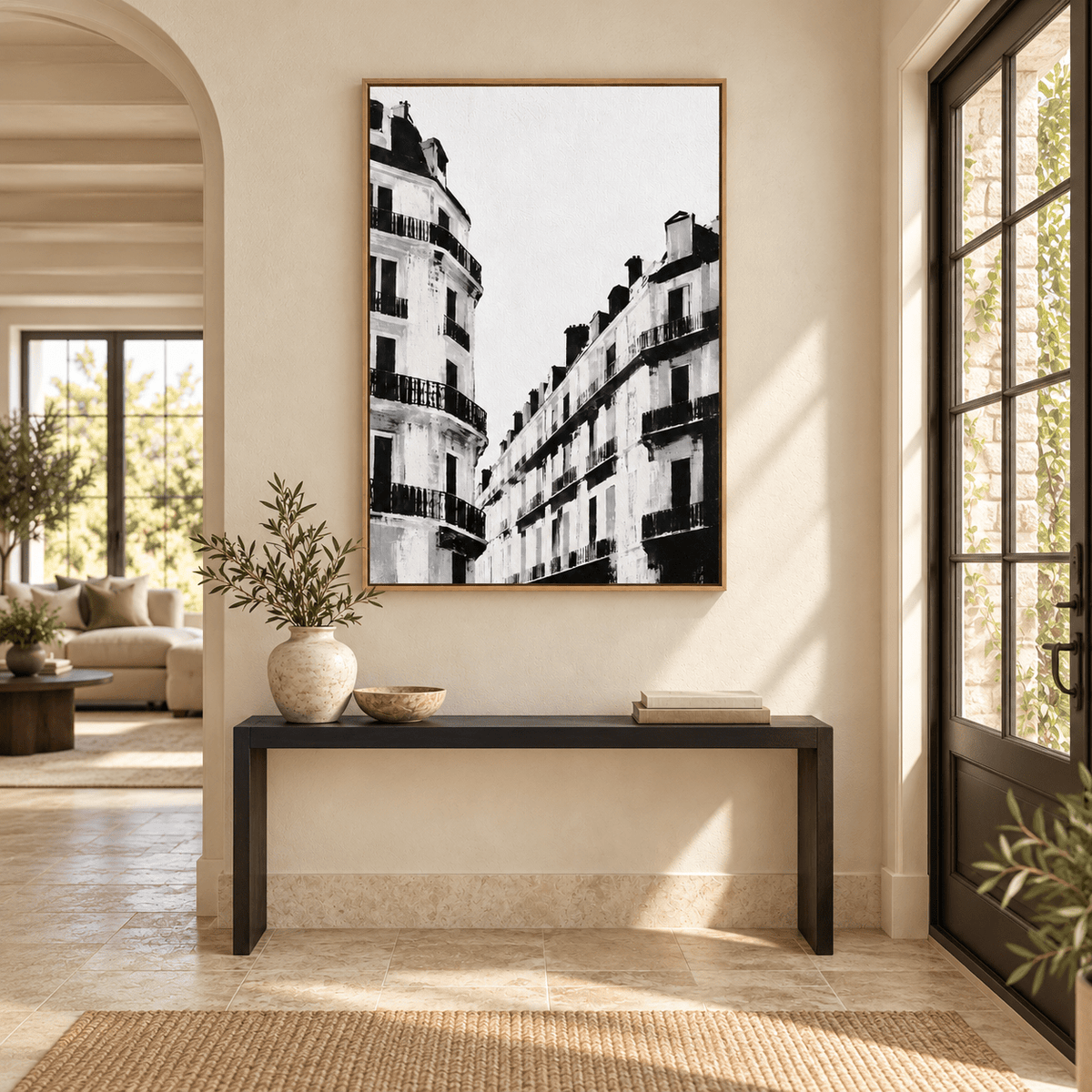 Black and White Paris Wall Art – Rue Noire original painting above a console table by Rossetti Art