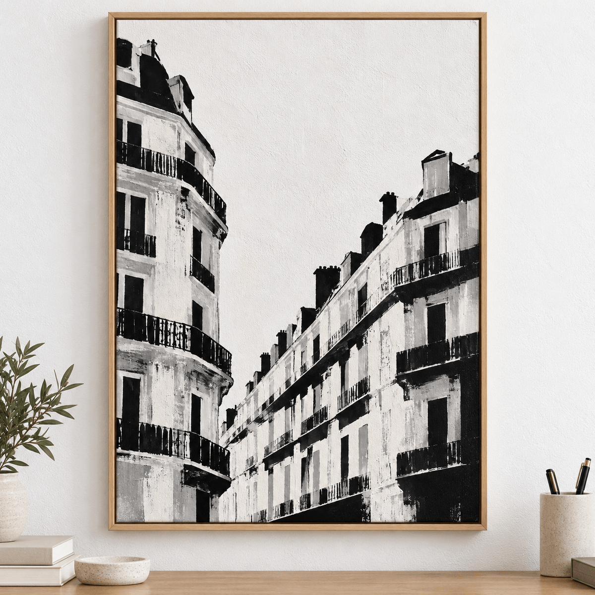 Black and White Paris Wall Art – Rue Noire original painting on a wall above a desk by Rossetti Art